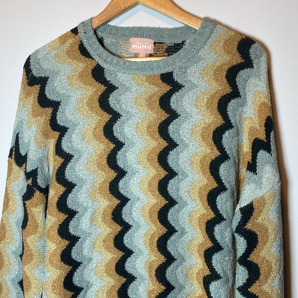 Show Me Your Mumu Sweater Women’s Large Blue Tan Retro Wave Soft Pullover Tunic - Picture 3 of 11